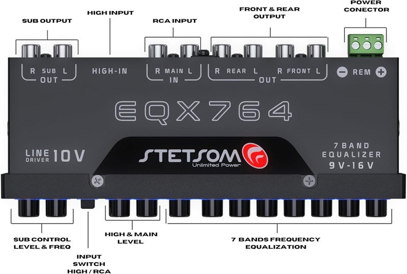 Stetsom EQX764-7 Band Equalizer, Pre-Amp Car Audio Graphic Equalizer with 4 Inputs (RCA & High) 6 Outputs, 10v Line Driver to Avoid Noise and Dedicated Sub Controls (Level & Frequency) - Image 2